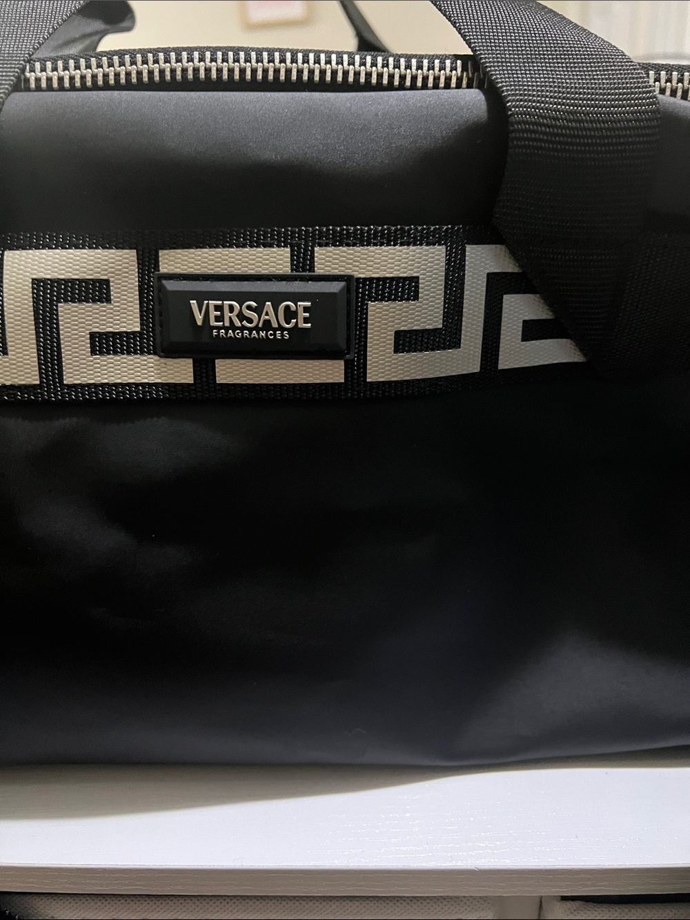 Versace Black Duffel Bag with White Greek Key Trim